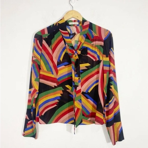 Alice + Olivia Aisha Silk Tie Neck Blouse in Mod Stripe Multi - Picture 2 of 8